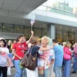Nurses embraced one another and celebrated before reporting to work early Monday at Brigham and Women?s Hospital.